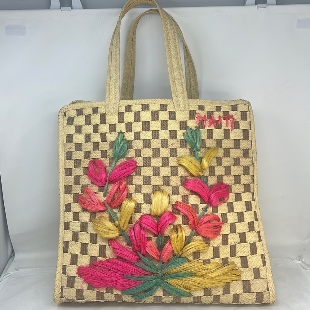 Vintage Floral Large Straw Shoulder Tote Bag Purse - Haiti